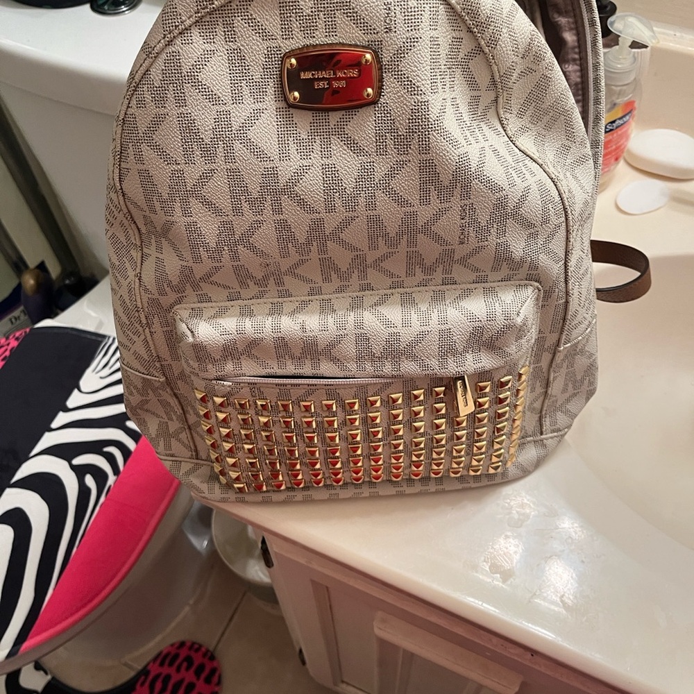 Michael Kors Monogram Backpack with Gold Studs